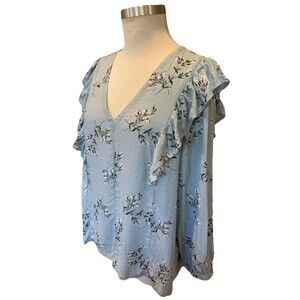 Lucky Brand Blue Ruffle Floral Blouse Top Sz Large Boho Cottagecore Festivals